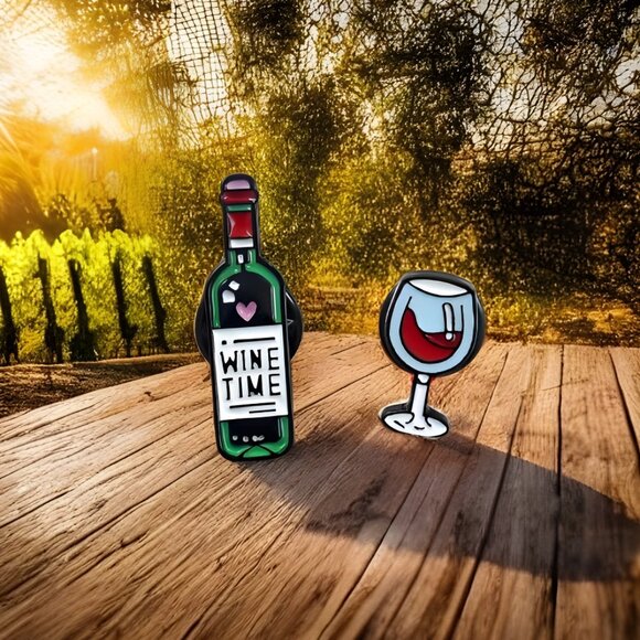 Wine Time! ‎Bottle and Glass Enamel Pin Set Wino Adult 2 pieces Vino Vineyard - Picture 1 of 5